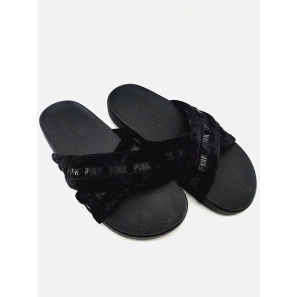 Victoria's Seceret Pink Criss Cross Furry Comfort Sliders Black 8 - Picture 6 of 9